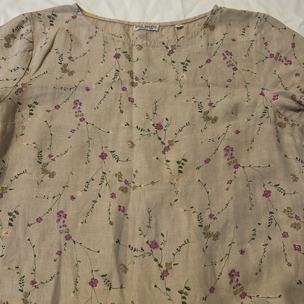 Russ Berens Malibu Beige Floral Hand Colored Maxi Dress 100% Linen M